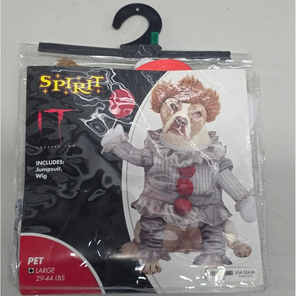 Spirit Halloween IT Pennywise Dog Costume Large 29-44 lbs Jumpsuit Wig 01582477